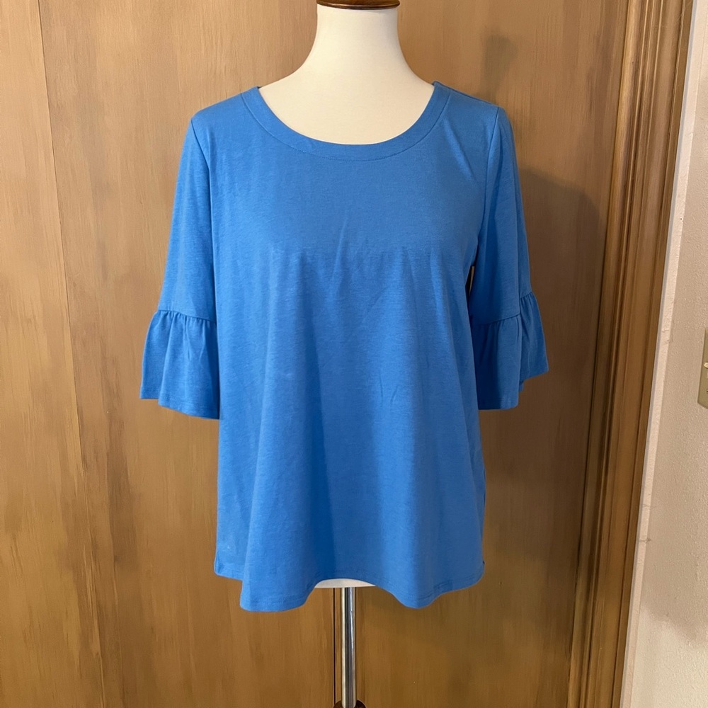 JJill knit elbow bell sleeve top, crew neck, cerulean blue, small, NWT